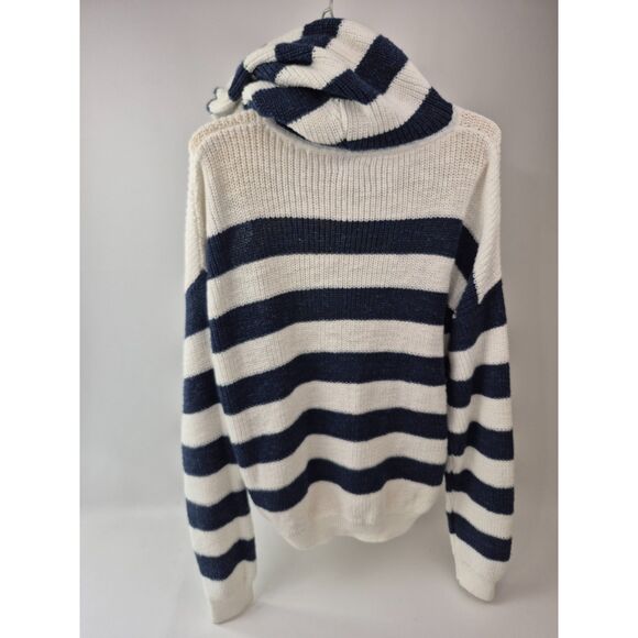 Eleventy Women's White Navy Blue Striped Cotton Linen Sweater Hoodie Size Large - Picture 5 of 7